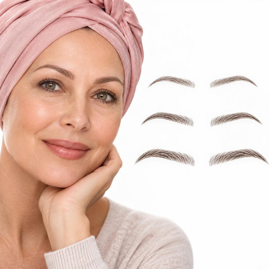 Restore Brows temporary eyebrow tattoos shown on a woman with three brow sizes
